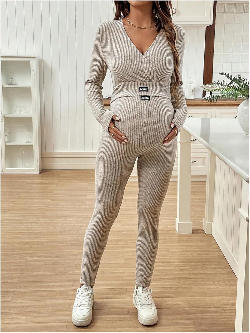 OYOANGLE Women's Maternity Ribbed Lounge Set Long Sleeve Wrap V Neck Crop Top and Leggings Pants Workout Sets - Image 4